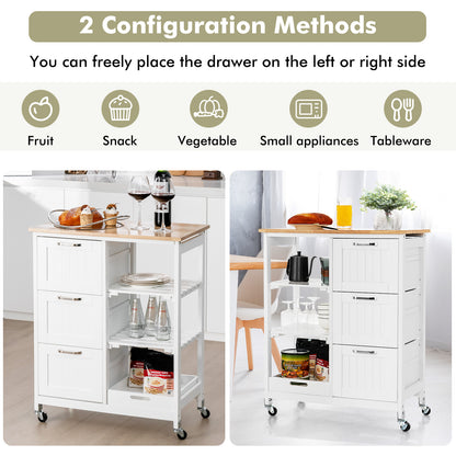 Kitchen Island with Rubber Wood Countertop &amp; Lockable Casters-White