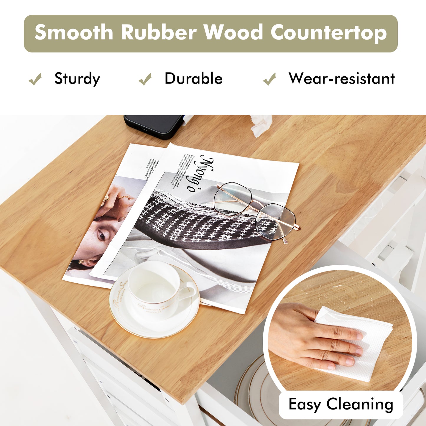 Kitchen Island with Rubber Wood Countertop &amp; Lockable Casters-White