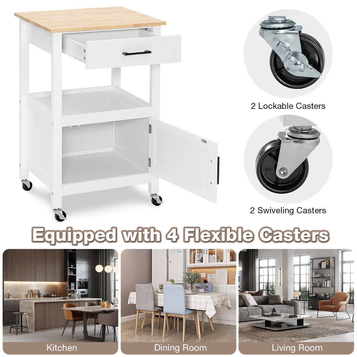 Kitchen Island Cart with 4 Flexible Universal Wheels White