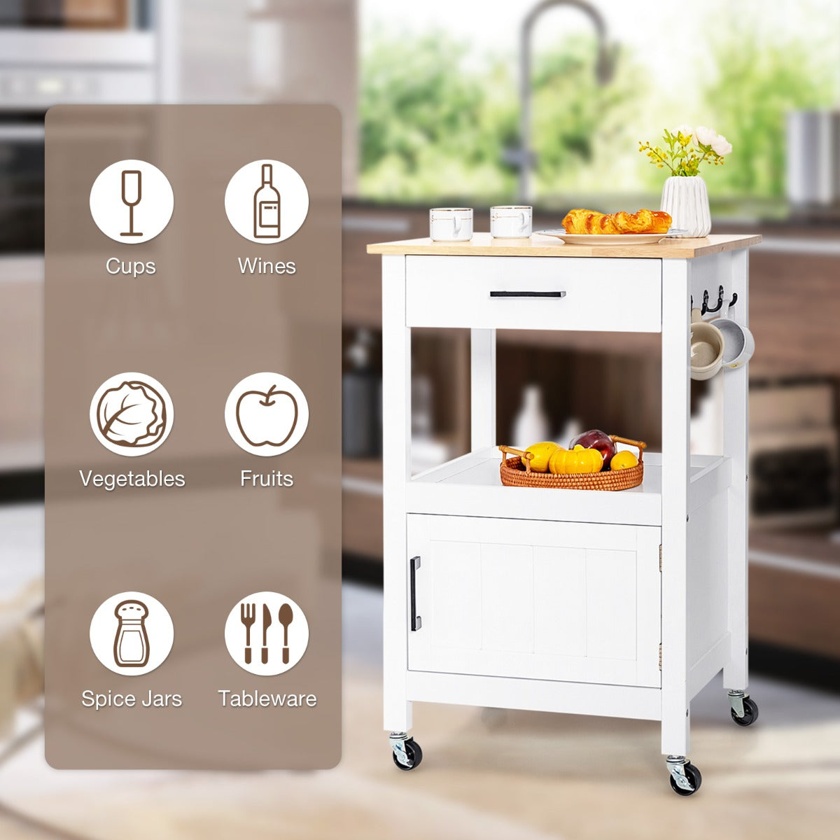 Kitchen Island Cart with 4 Flexible Universal Wheels White