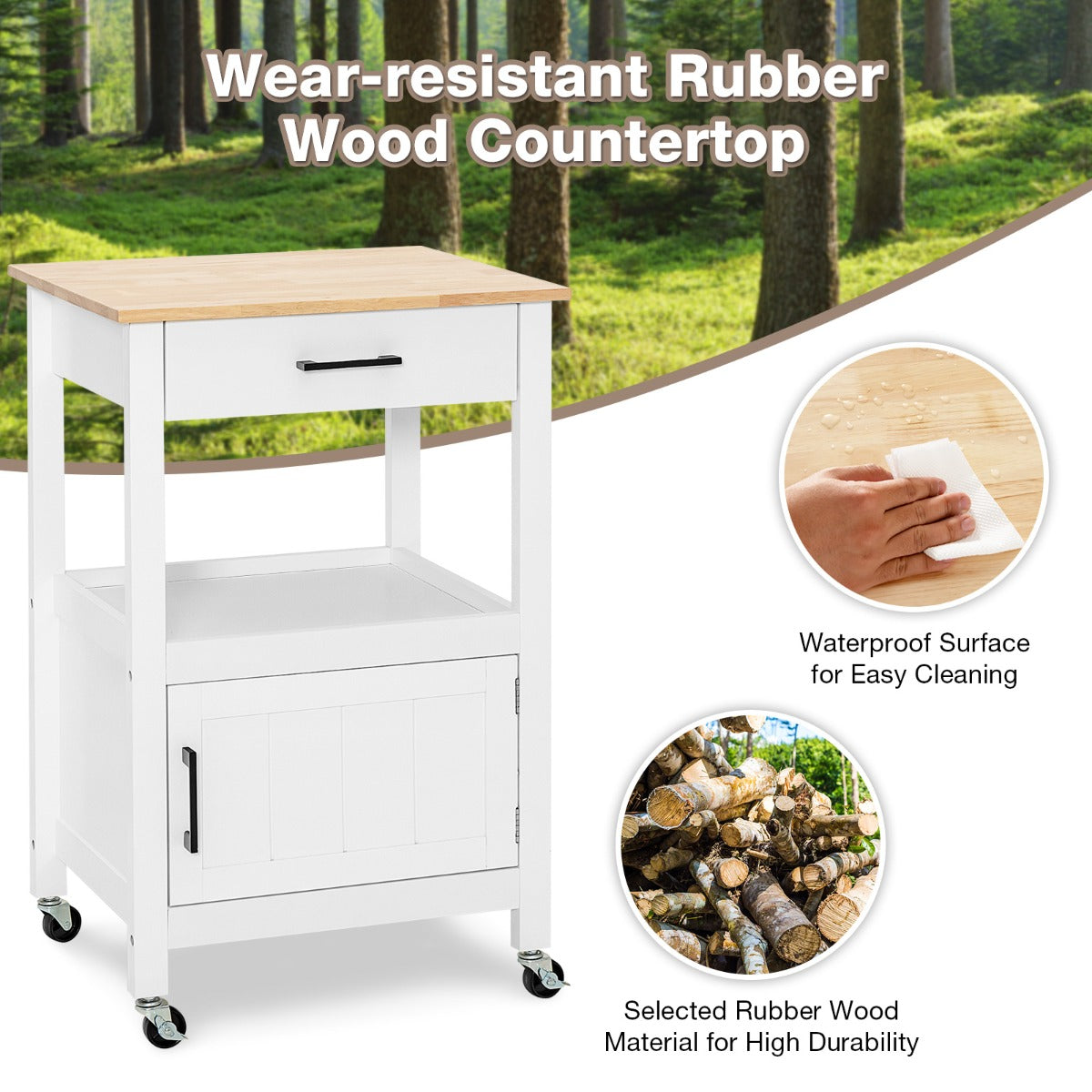 Kitchen Island Cart with 4 Flexible Universal Wheels White