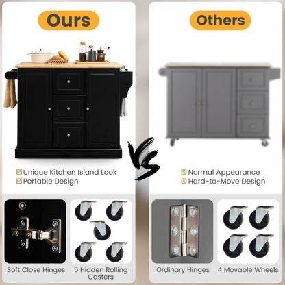 Large Mobile Kitchen Island Cart with 3 Drawers & 2 Enclosed Cabinets