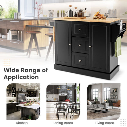 Large Mobile Kitchen Island Cart with 3 Drawers & 2 Enclosed Cabinets