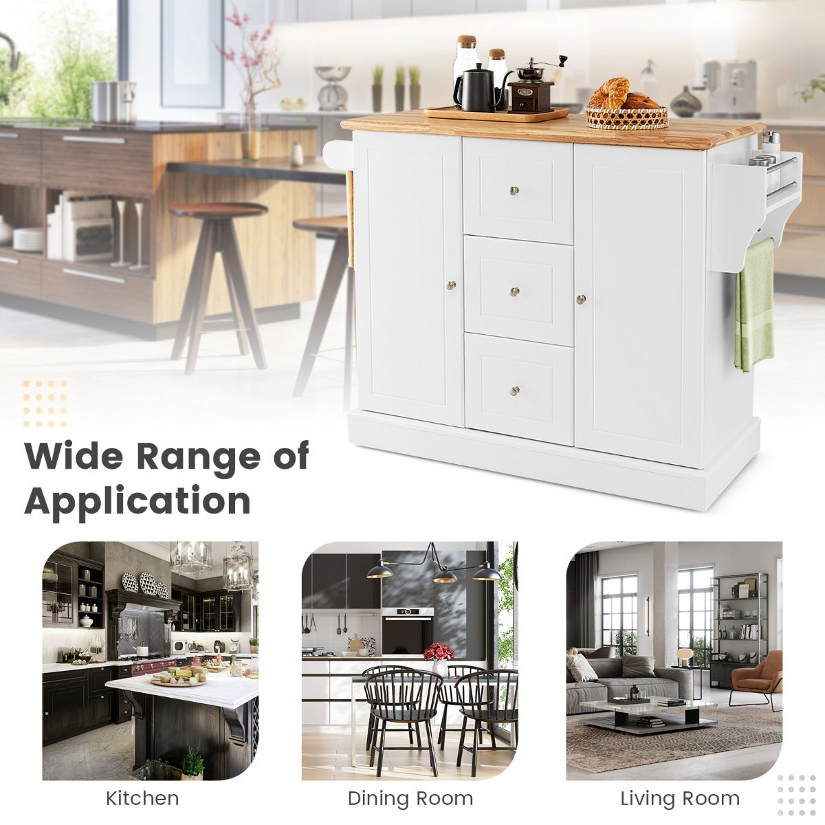 Large Mobile Kitchen Island Cart with Adjustable Shelves for Kitchen/Dinning Room-White