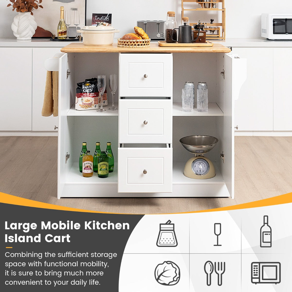 Large Mobile Kitchen Island Cart with Adjustable Shelves for Kitchen/Dinning Room-White