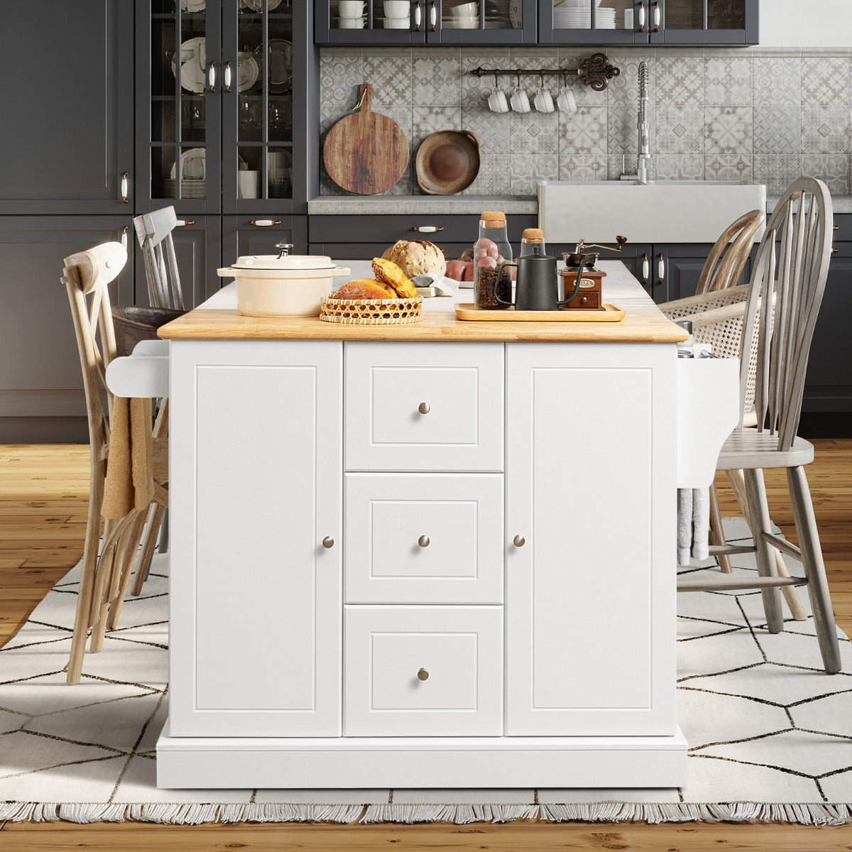 Large Mobile Kitchen Island Cart with Adjustable Shelves for Kitchen/Dinning Room-White