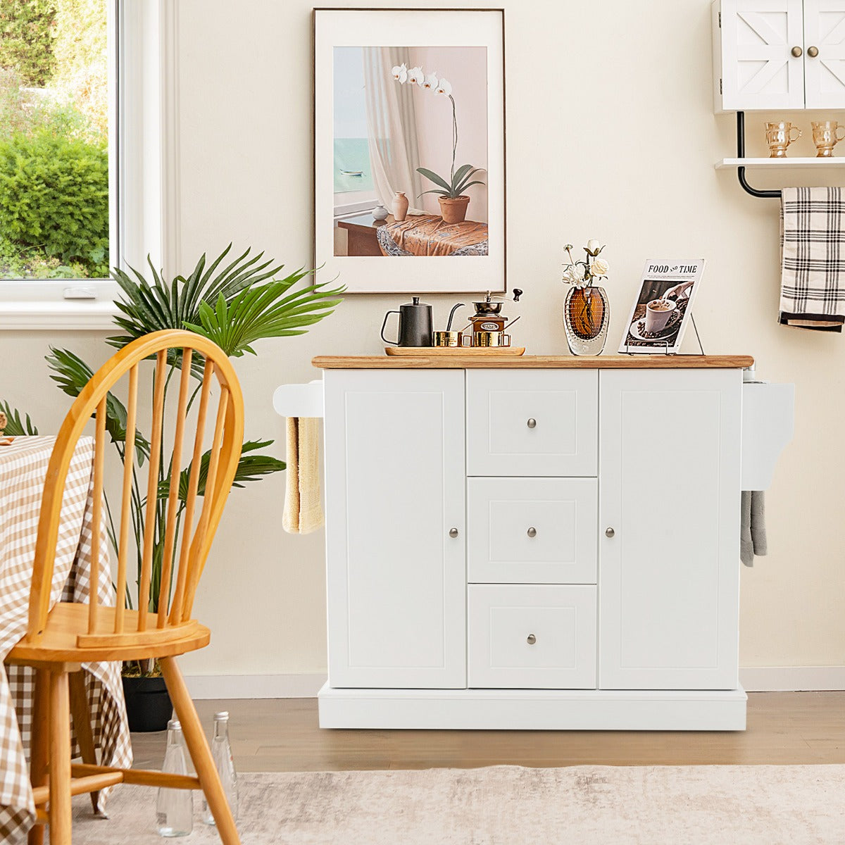 Large Mobile Kitchen Island Cart with Adjustable Shelves for Kitchen/Dinning Room-White