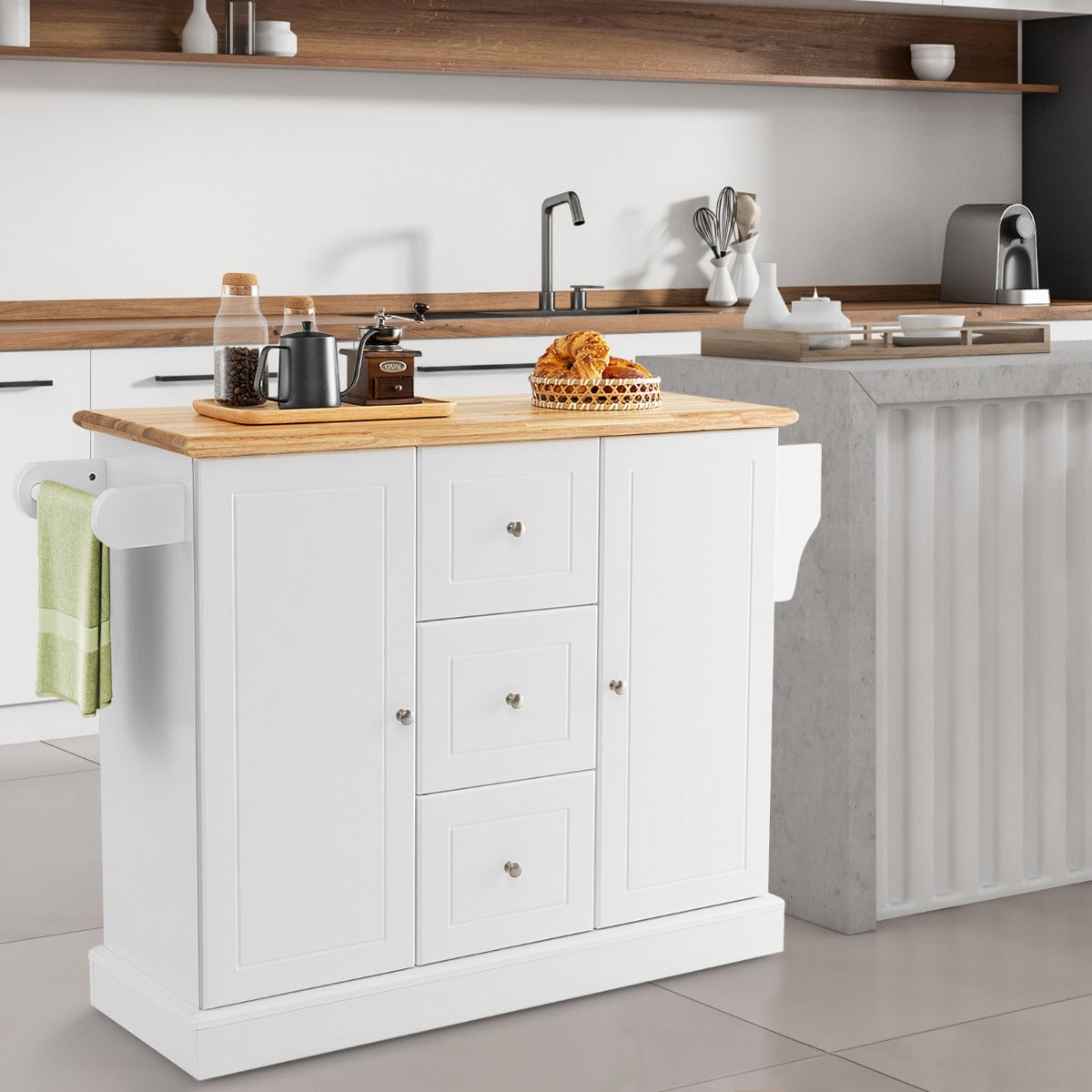 Large Mobile Kitchen Island Cart with Adjustable Shelves for Kitchen/Dinning Room-White