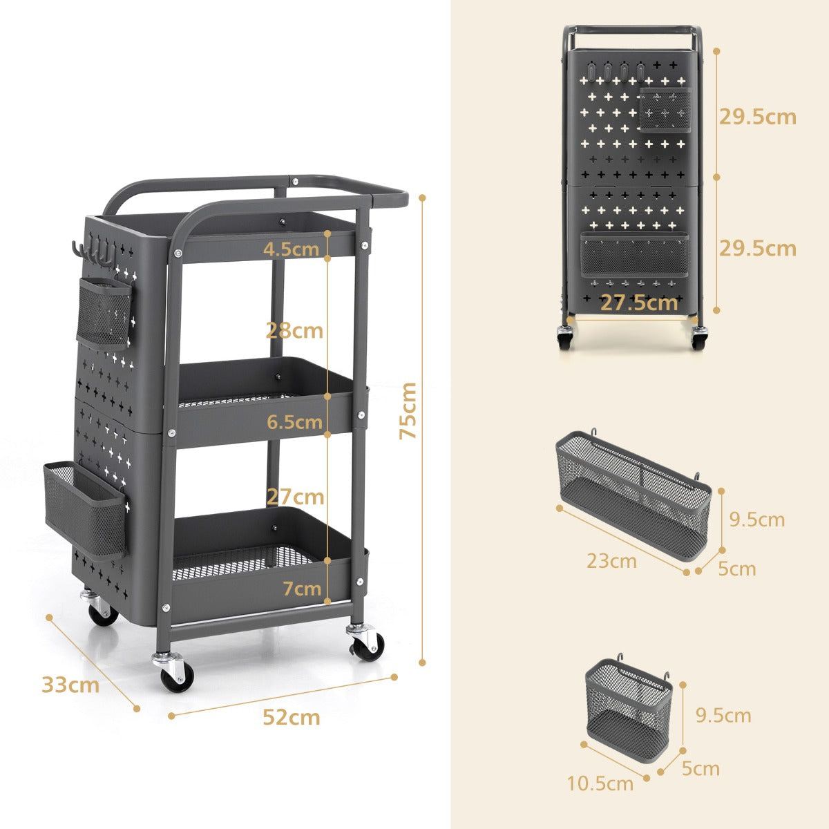 Kitchen Storage Trolley Cart with 3-Tier Shelves-Grey