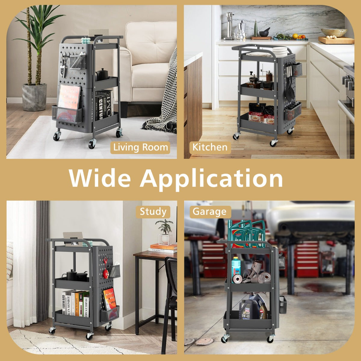 Kitchen Storage Trolley Cart with 3-Tier Shelves-Grey