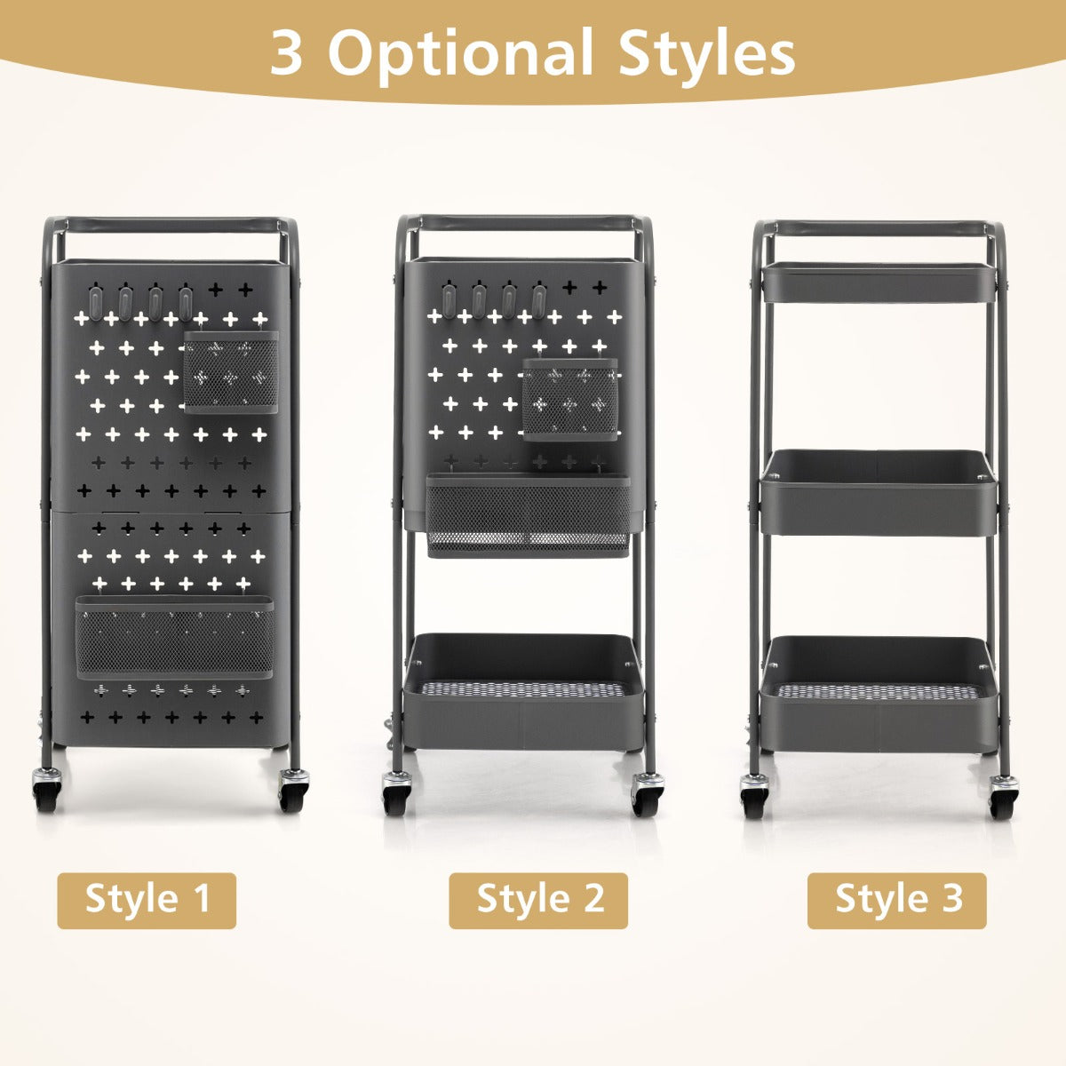 Kitchen Storage Trolley Cart with 3-Tier Shelves-Grey