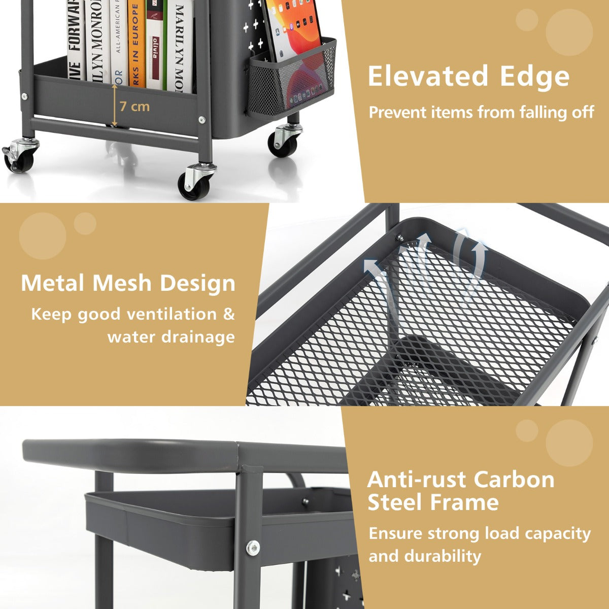 Kitchen Storage Trolley Cart with 3-Tier Shelves-Grey