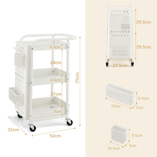 Three-tier rolling utility cart with mesh shelves for organizing kitchen supplies, tools, snacks, and stationery