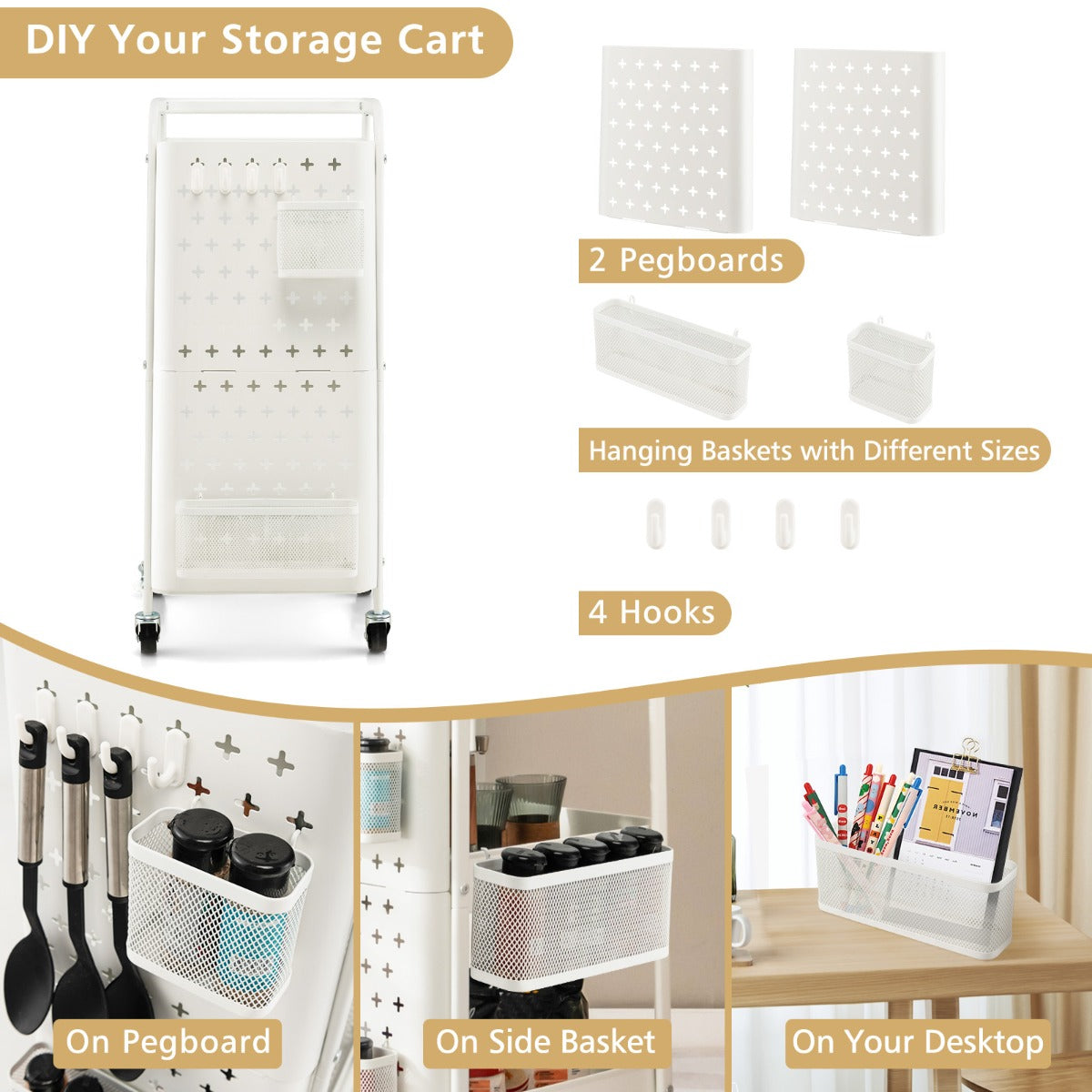 Costway Kitchen Storage Trolley Cart with 3-Tier Shelves-White