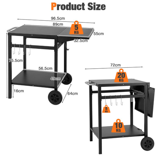 Black folding outdoor worktable with double shelves for grilling, cooking, gardening and food preparation
