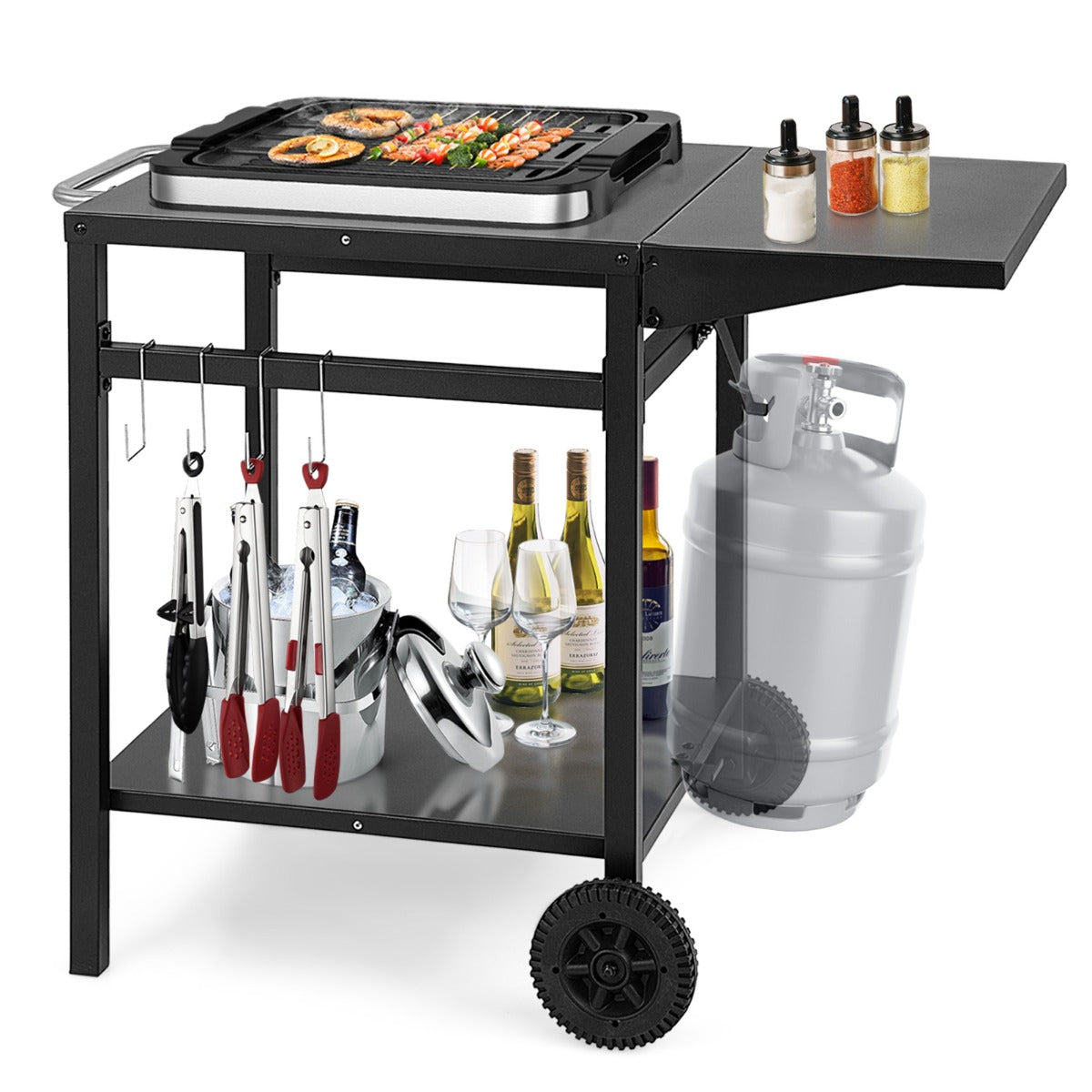 Costway Movable Double-Shelf Dining Cart Table with Folding Tabletop