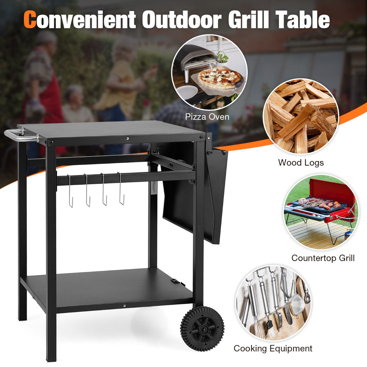 Costway Movable Double-Shelf Dining Cart Table with Folding Tabletop