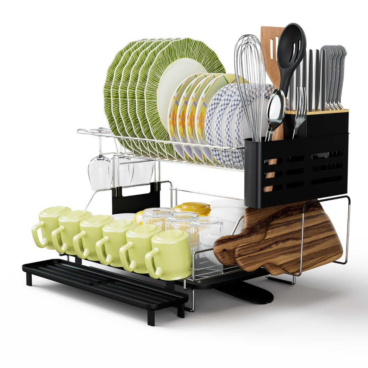 2-Tier Detachable Dish Drying Rack with Cutlery Holder & 360° Swiveling Spout