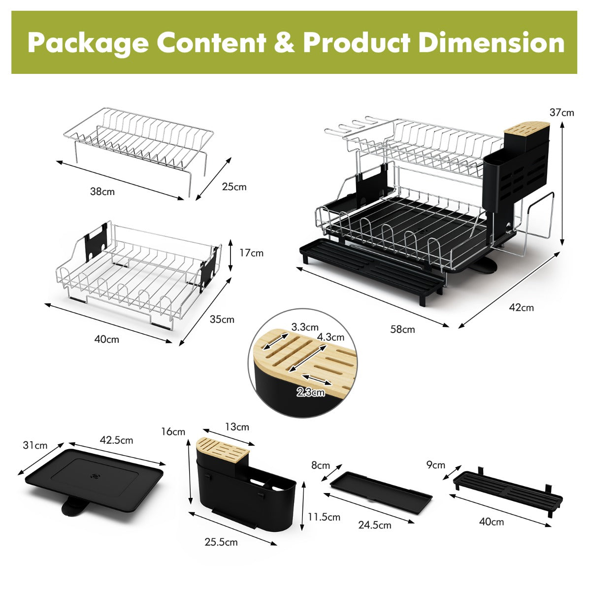 2-Tier Detachable Dish Drying Rack with Cutlery Holder & 360° Swiveling Spout