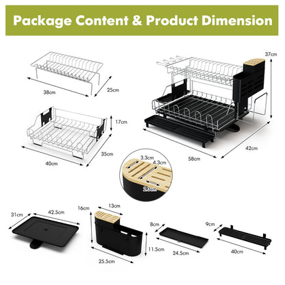2-Tier Detachable Dish Drying Rack with Cutlery Holder & 360° Swiveling Spout