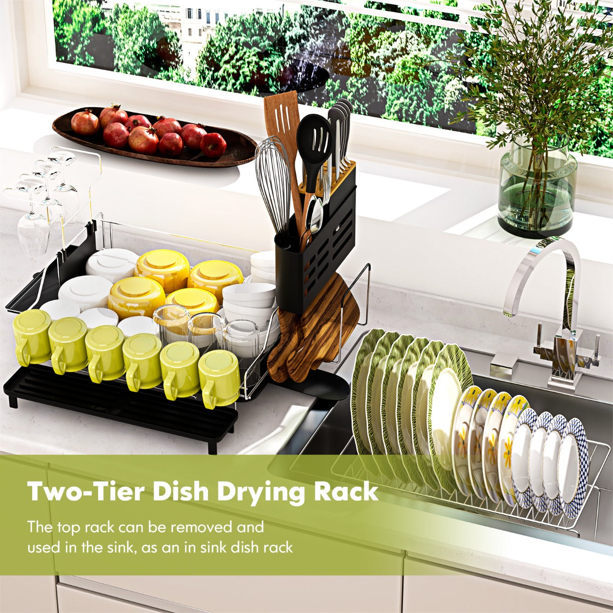 2-Tier Detachable Dish Drying Rack with Cutlery Holder & 360° Swiveling Spout