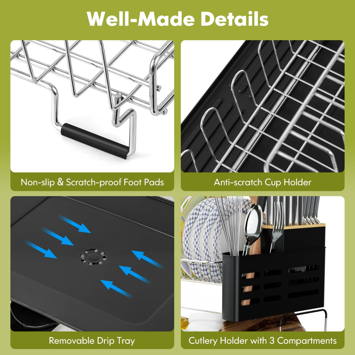 2-Tier Detachable Dish Drying Rack with Cutlery Holder & 360° Swiveling Spout