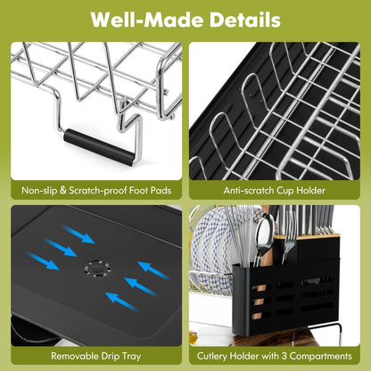 2-Tier Detachable Dish Drying Rack with Cutlery Holder & 360° Swiveling Spout