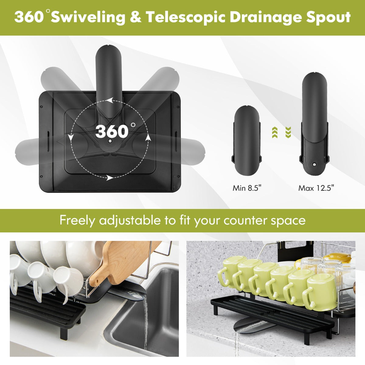 2-Tier Detachable Dish Drying Rack with Cutlery Holder & 360° Swiveling Spout