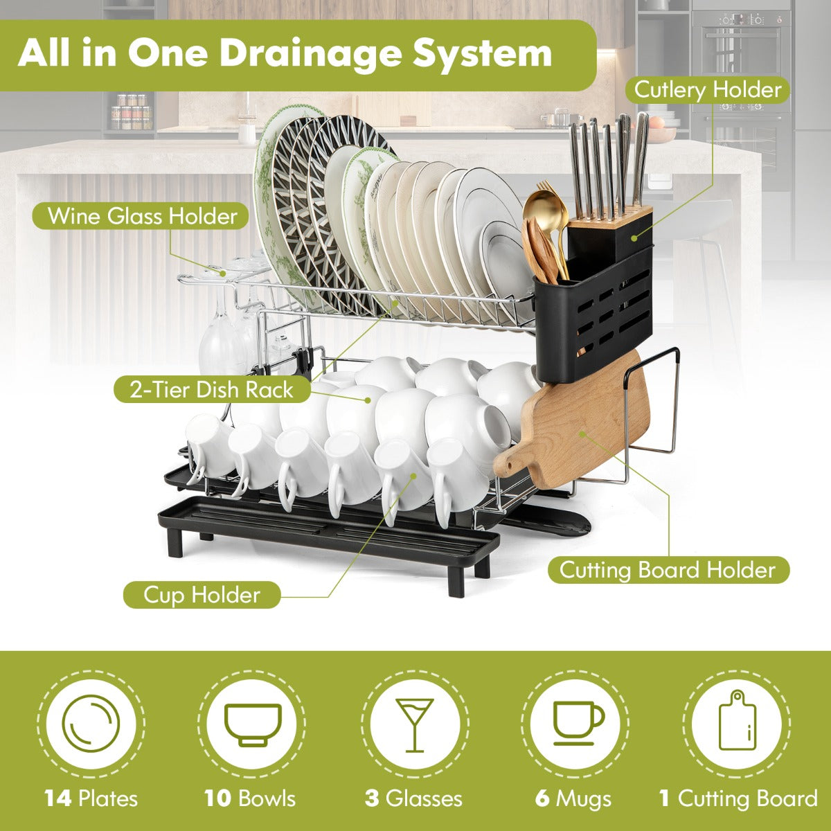 2-Tier Detachable Dish Drying Rack with Cutlery Holder & 360° Swiveling Spout