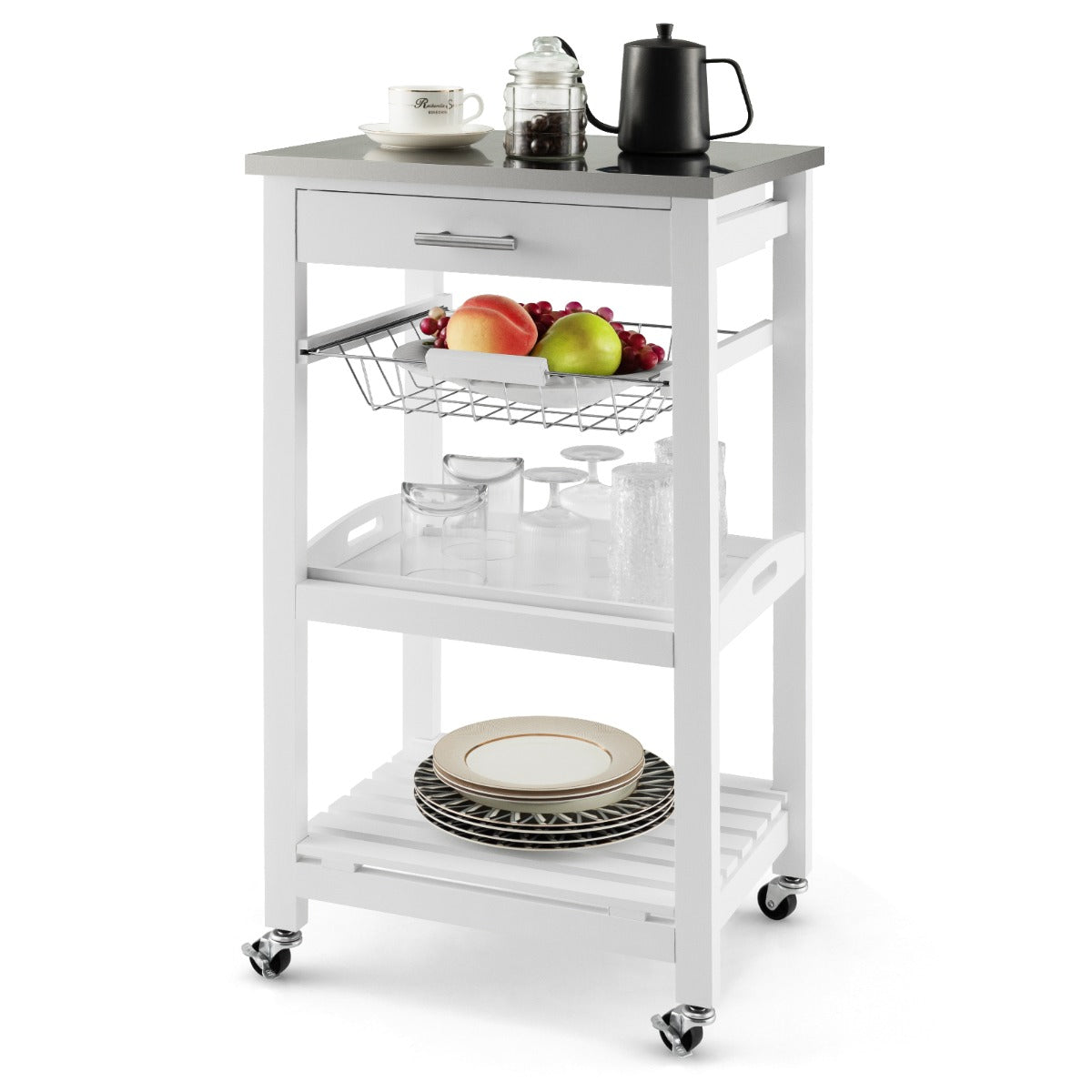 Kitchen Rolling Island with Stainless Steel Countertop & Basket-White