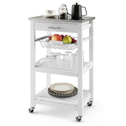 Kitchen Rolling Island with Stainless Steel Countertop & Basket-White