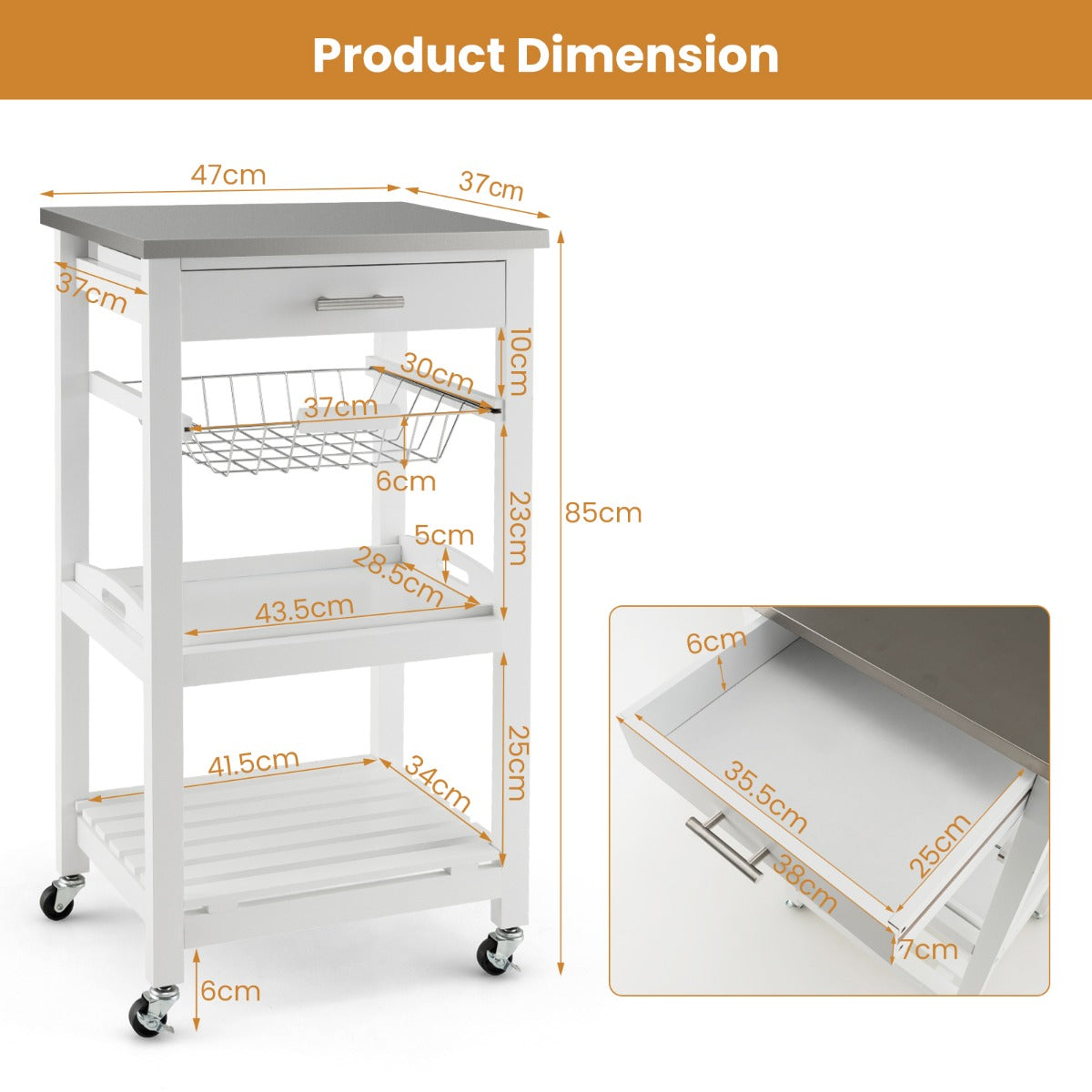 Kitchen Rolling Island with Stainless Steel Countertop & Basket-White