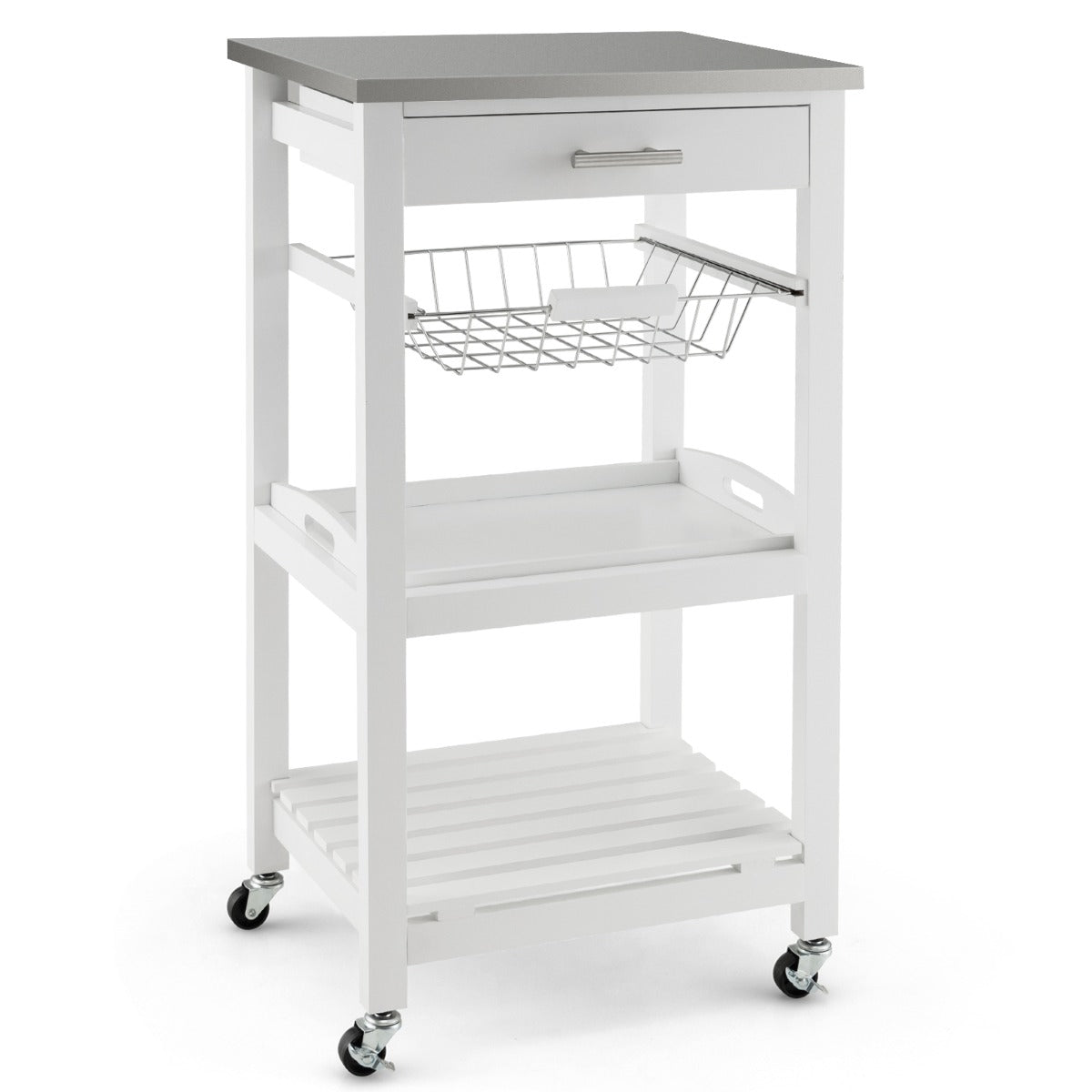 Kitchen Rolling Island with Stainless Steel Countertop & Basket-White