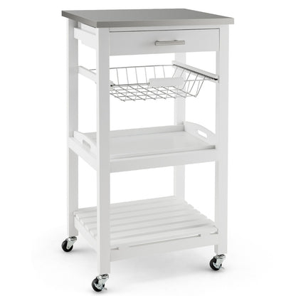 Kitchen Rolling Island with Stainless Steel Countertop & Basket-White