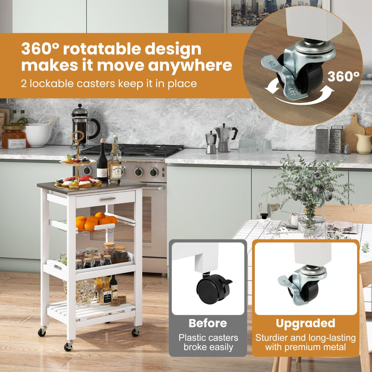 Kitchen Rolling Island with Stainless Steel Countertop & Basket-White