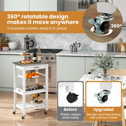 Kitchen Rolling Island with Stainless Steel Countertop & Basket-White