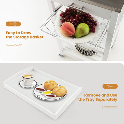 Kitchen Rolling Island with Stainless Steel Countertop & Basket-White
