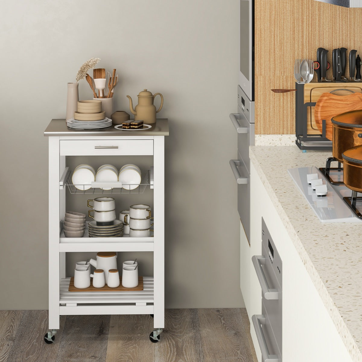 Kitchen Rolling Island with Stainless Steel Countertop & Basket-White