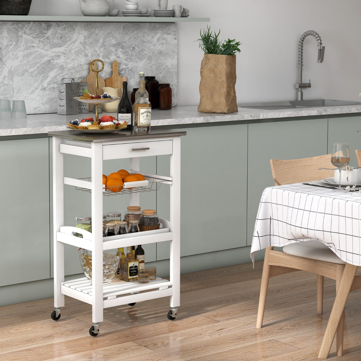 Kitchen Rolling Island with Stainless Steel Countertop & Basket-White