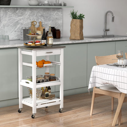 Kitchen Rolling Island with Stainless Steel Countertop & Basket-White