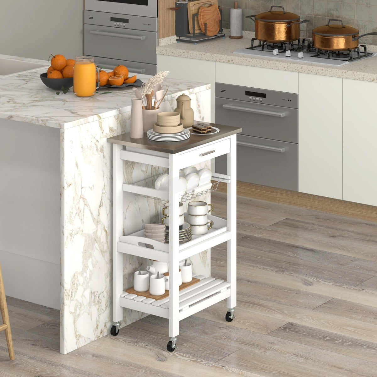 Kitchen Rolling Island with Stainless Steel Countertop & Basket-White