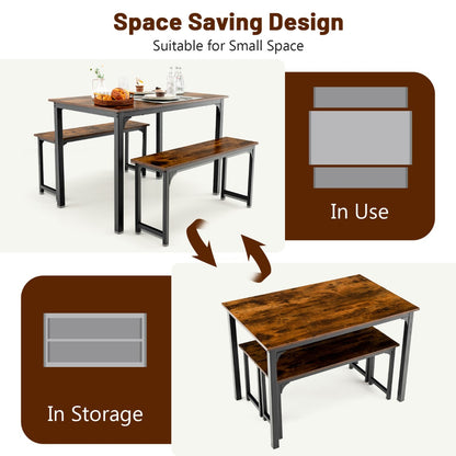 Space-saving Dining Table Set for 4 with 2 Benches for Kitchen-Brown