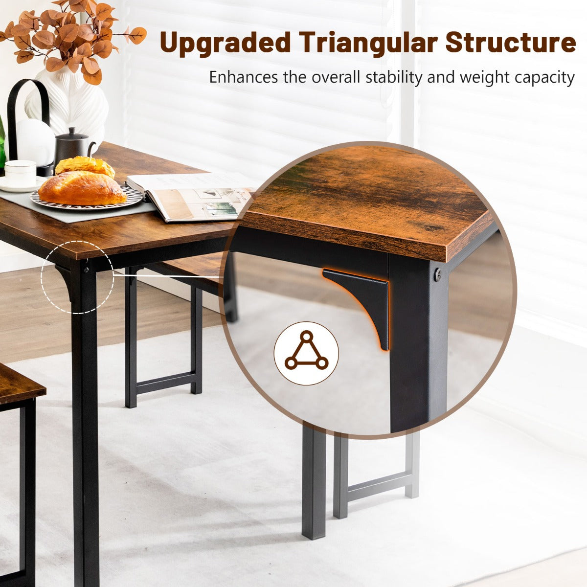 Space-saving Dining Table Set for 4 with 2 Benches for Kitchen-Brown