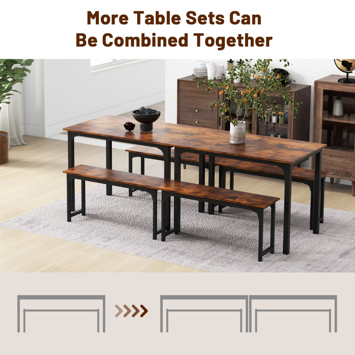 Space-saving Dining Table Set for 4 with 2 Benches for Kitchen-Brown