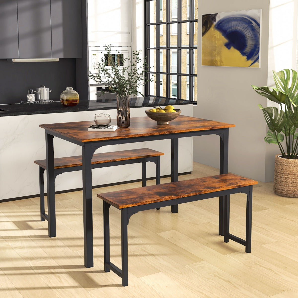 Space-saving Dining Table Set for 4 with 2 Benches for Kitchen-Brown