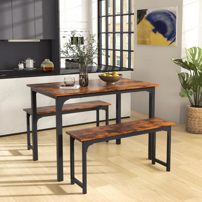 Space-saving Dining Table Set for 4 with 2 Benches for Kitchen-Brown