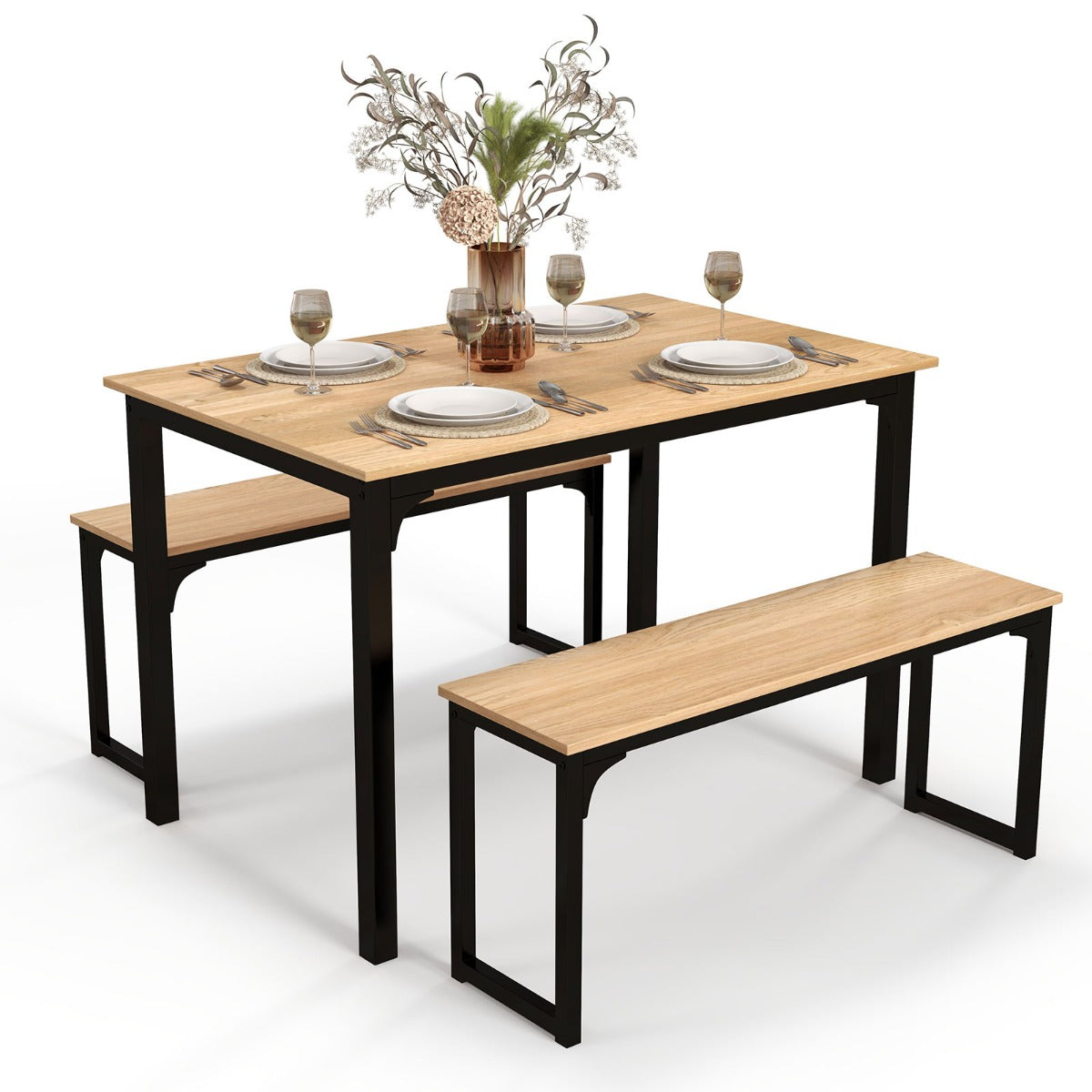Space-saving Dining Table Set for 4 with 2 Benches for Kitchen-Natural
