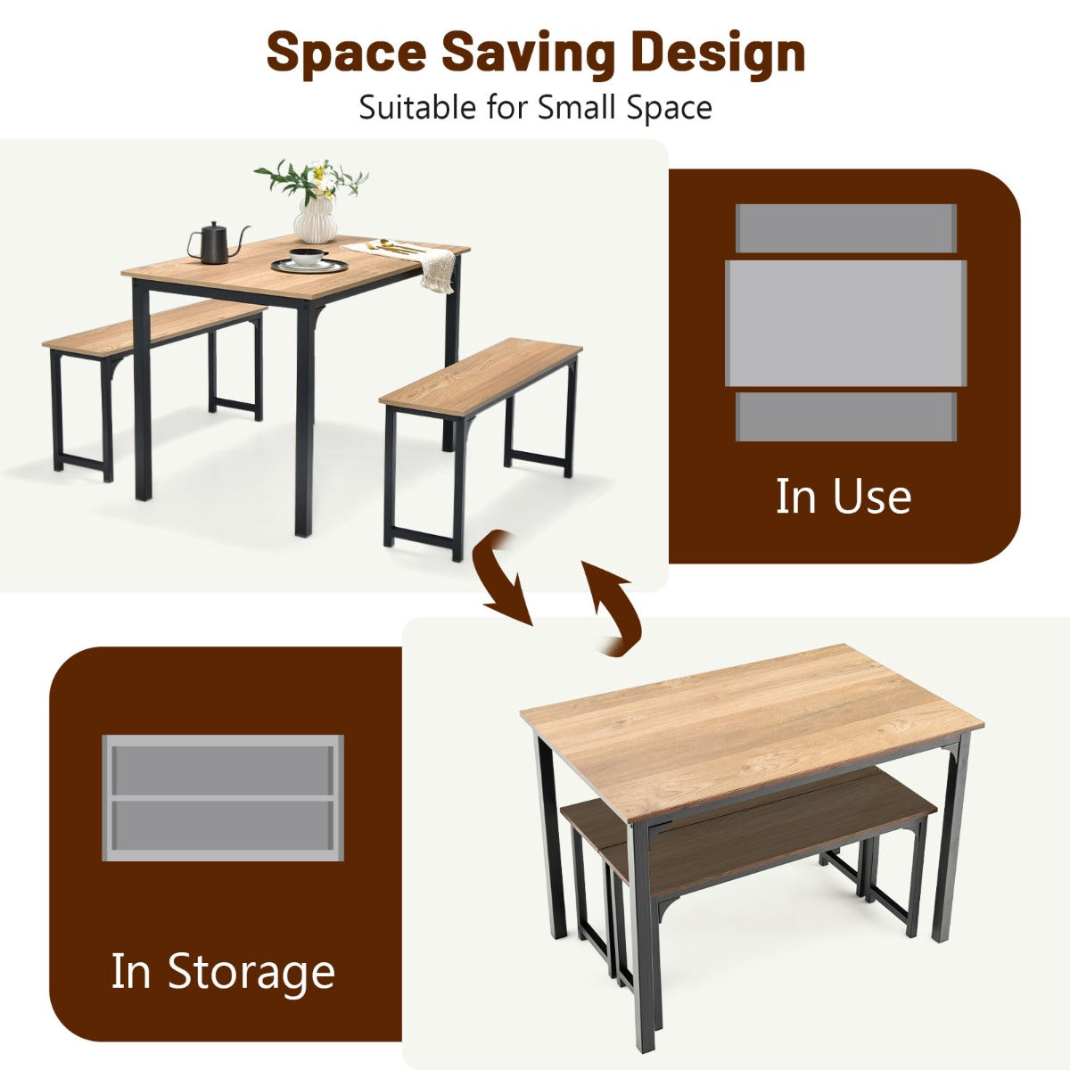 Space-saving Dining Table Set for 4 with 2 Benches for Kitchen-Natural