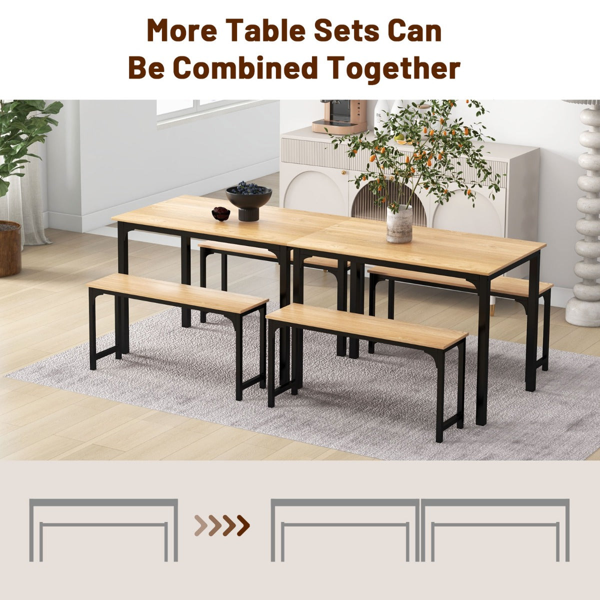 Space-saving Dining Table Set for 4 with 2 Benches for Kitchen-Natural