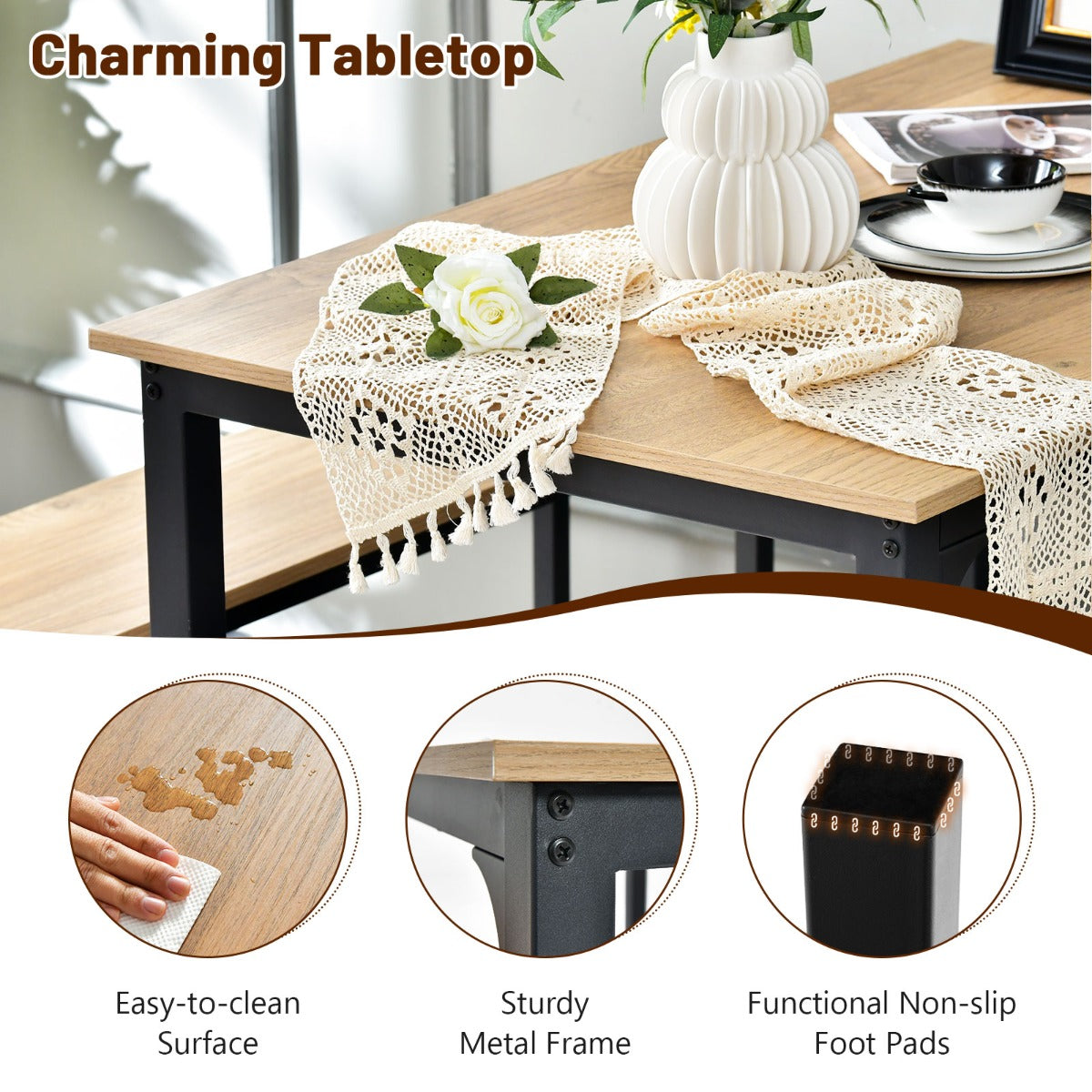 Space-saving Dining Table Set for 4 with 2 Benches for Kitchen-Natural